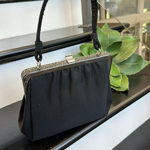 L and M vintage-look like new evening bag satchel purse black silver canvas - Picture 1 of 12